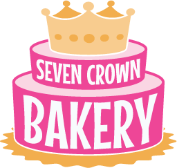 Seven Crown Bakery logo featuring a gold crown on a pink tiered cake